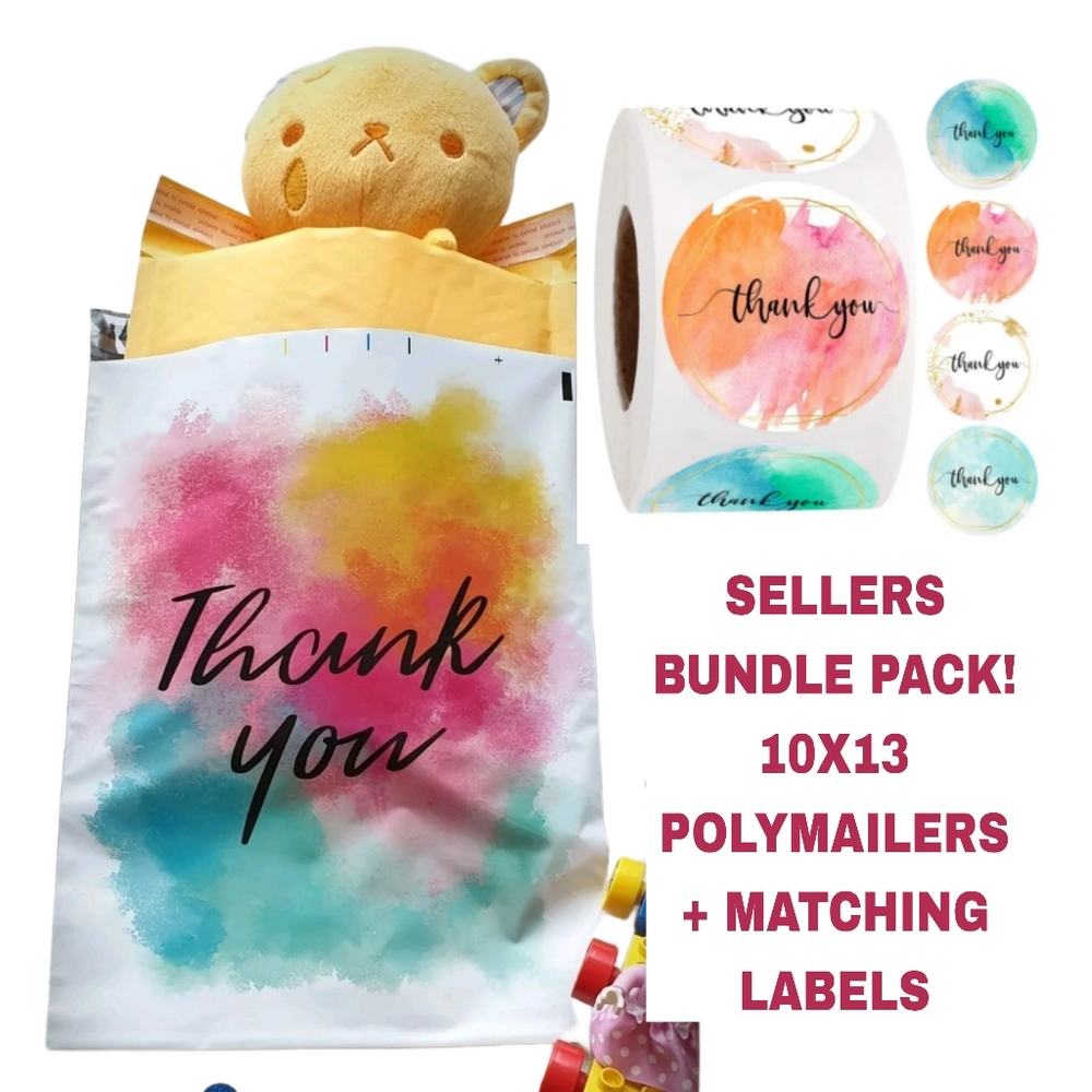 100pc SELLERS BUNDLE 50pk 10x13 THANK YOU COLORS polymailers 50 MATCHING labels
